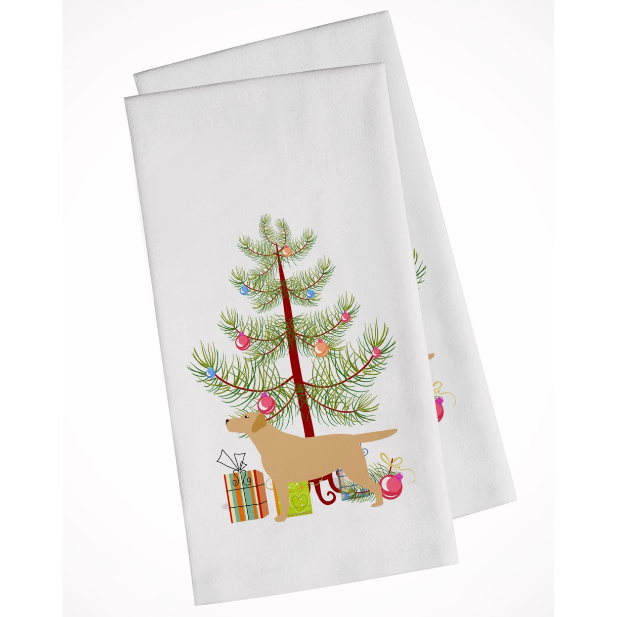 Yellow Labrador Retriever Merry Christmas Tree White Kitchen Towel Set of 2