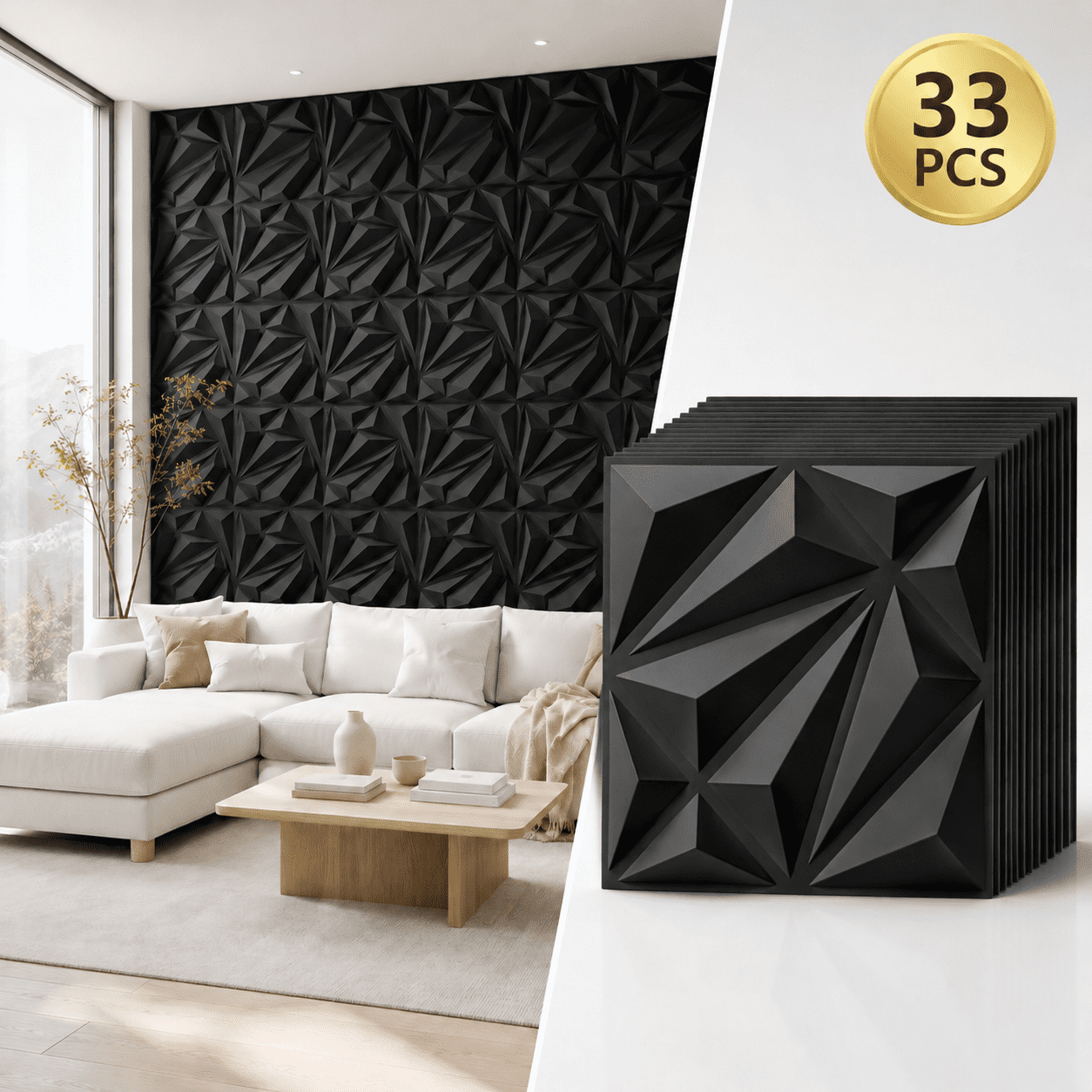 Yeslife 33-Pack Black PVC 3D Wall Panel Set, 11.8"x11.8" Diamond Pattern Accent Wall Covering for Interior Home Décor - Living Room, Bedroom, Office, TV Background
