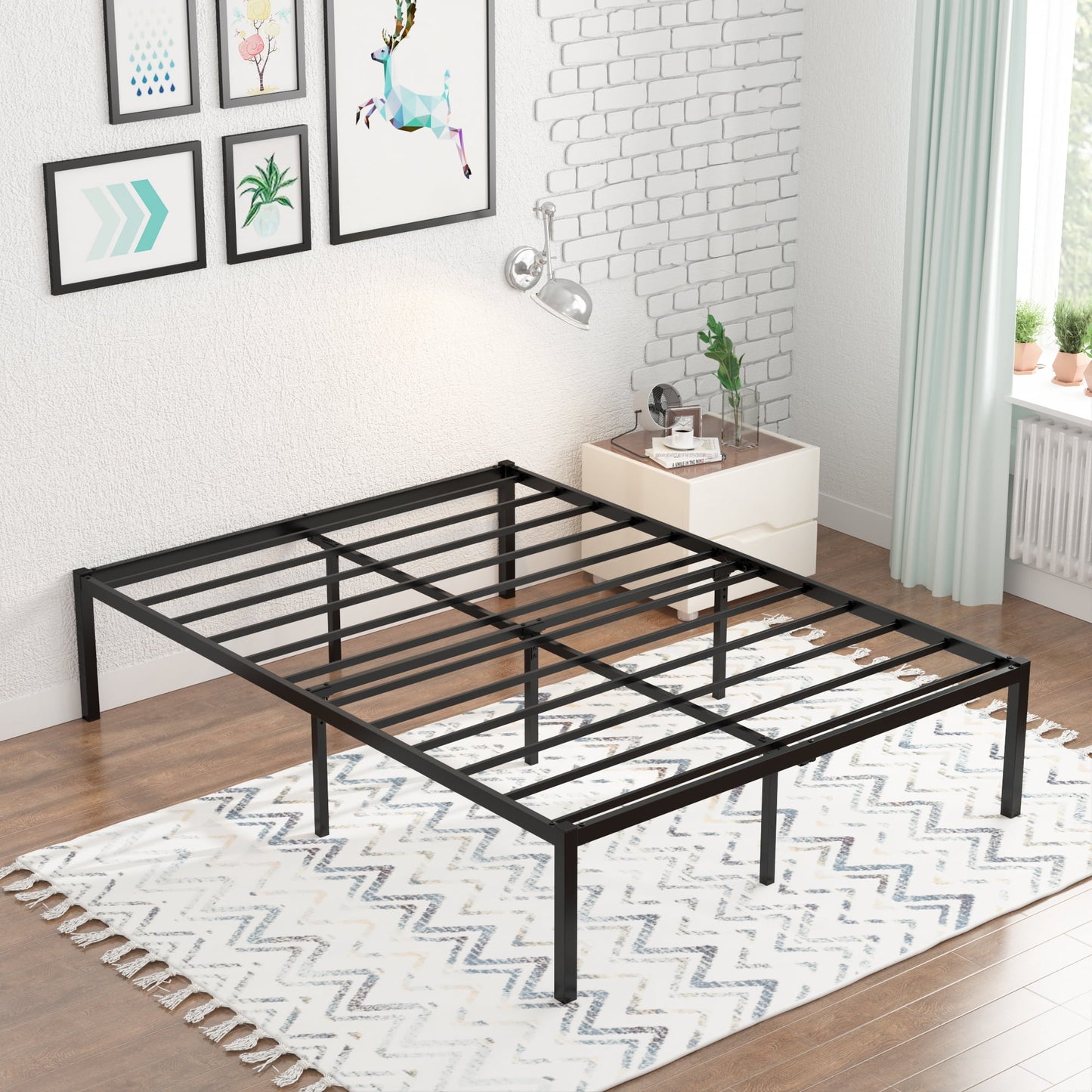 Yoneston 16 Inch Full Metal Platform Bed Frame Reinforce Heavy Duty No Box Spring Mattress Foundation High Bed Frame with Under-Bed Storage for Adults