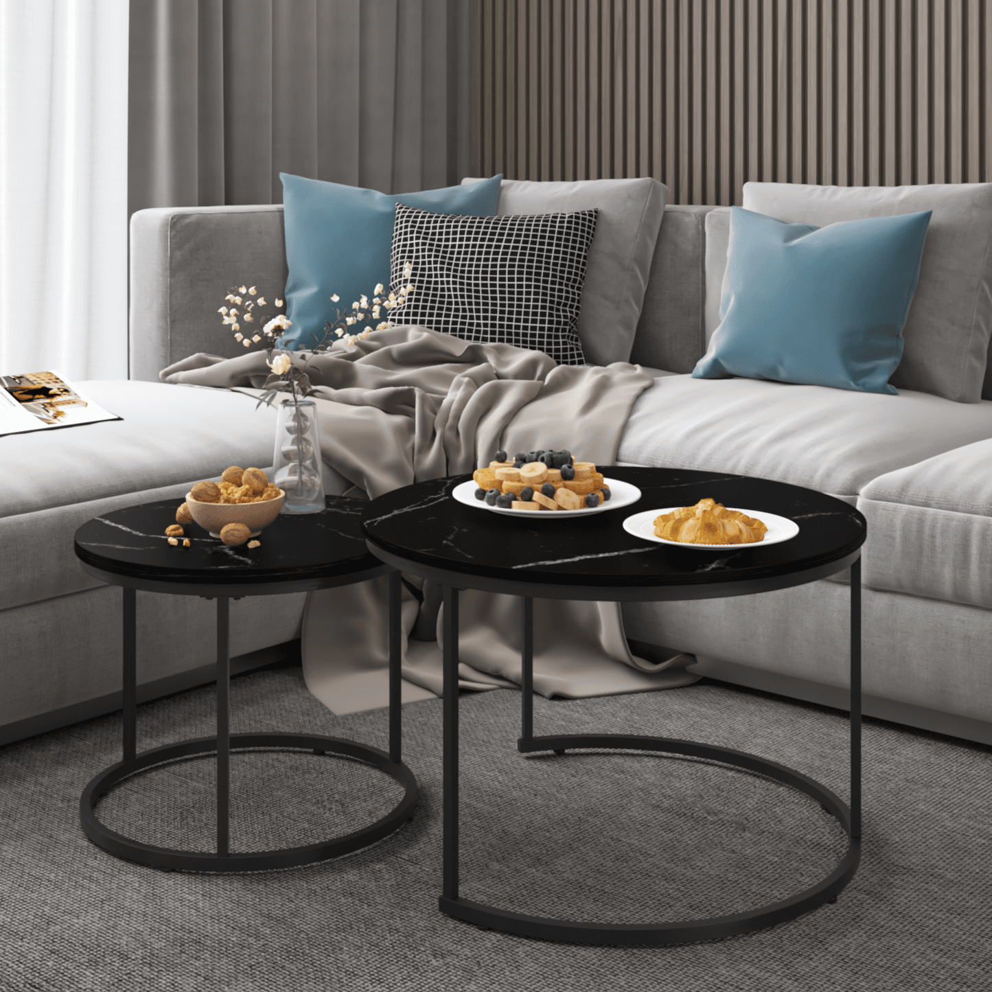 Yoneston 27.6" Round Coffee Table Set of 2, Wood Marble Pattern Top with Sturdy Metal Frame for Living Room Bedroom Balcony Yard, Black