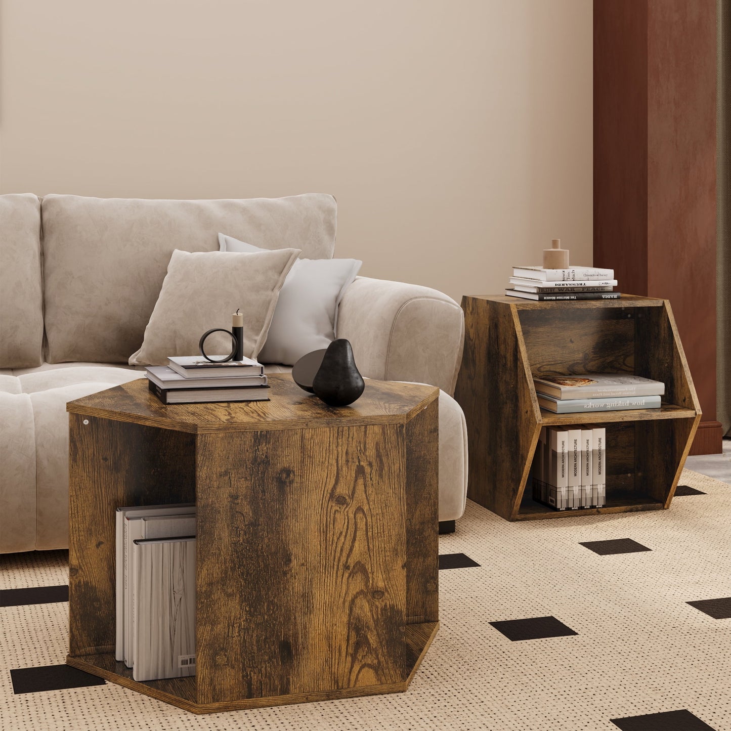 Yoneston 2PCS Hexagonal Coffee Table with 2 Open Storage Space, Wood Side Table Nightstand with Multiple Layouts, Antique Brown