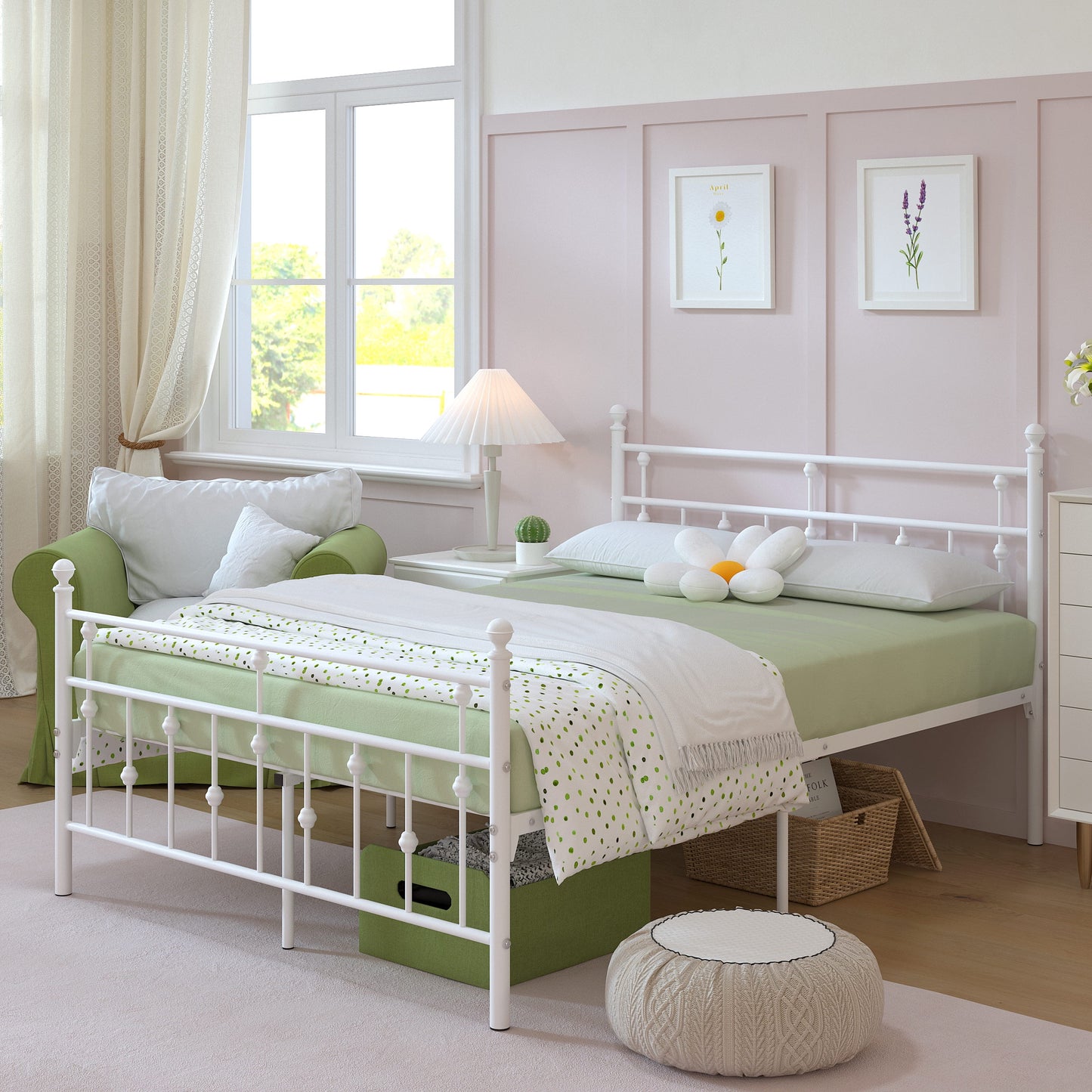 Yoneston Full Size Metal Platform Frame with Retro Headboard and 14-Inch Storage, No Box Spring Needed - White