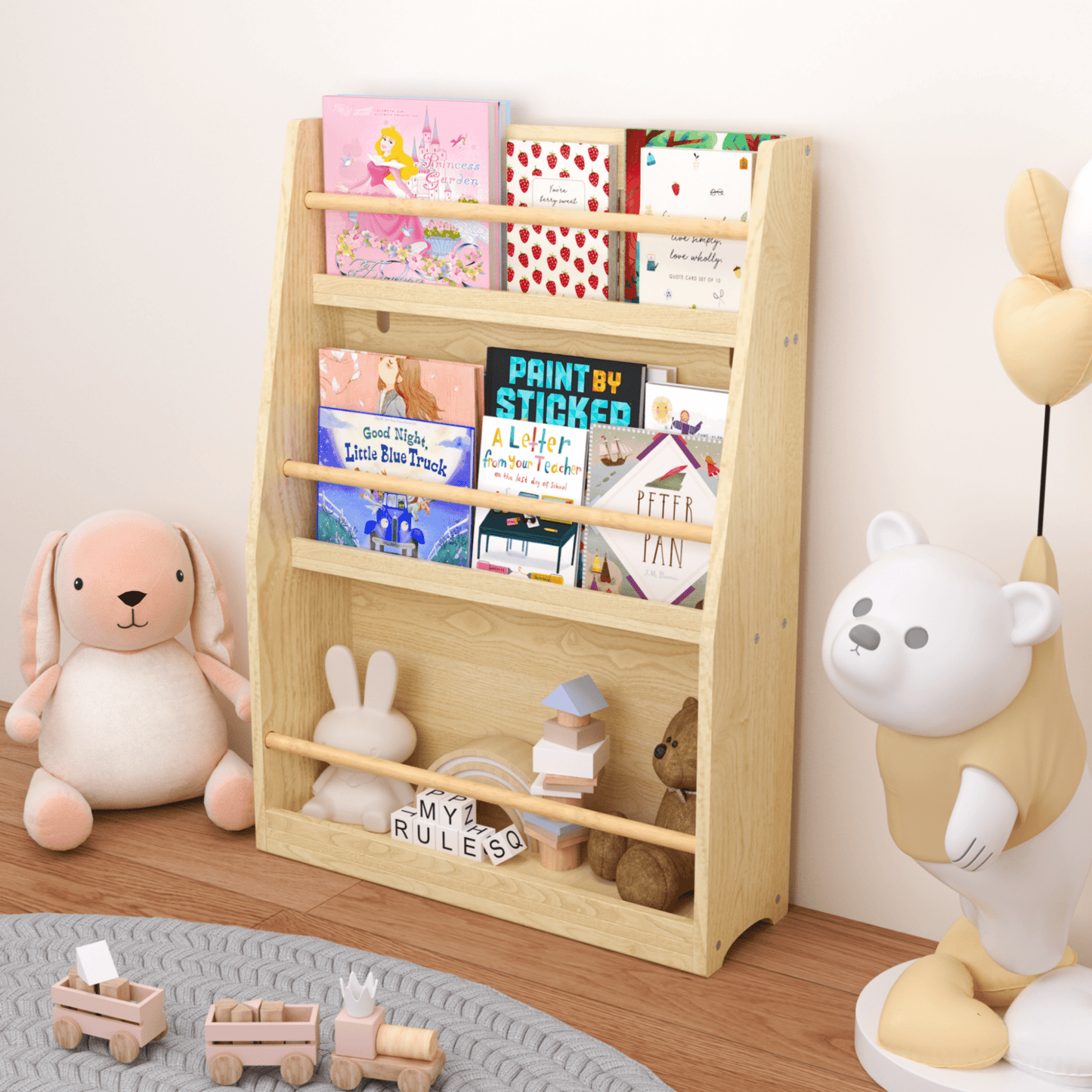 Yoneston Kids 3-Tier Bookcase with Wood Rails, Children's Standing Display Bookshelf for Playroom, Bedroom, Nursery, Natural