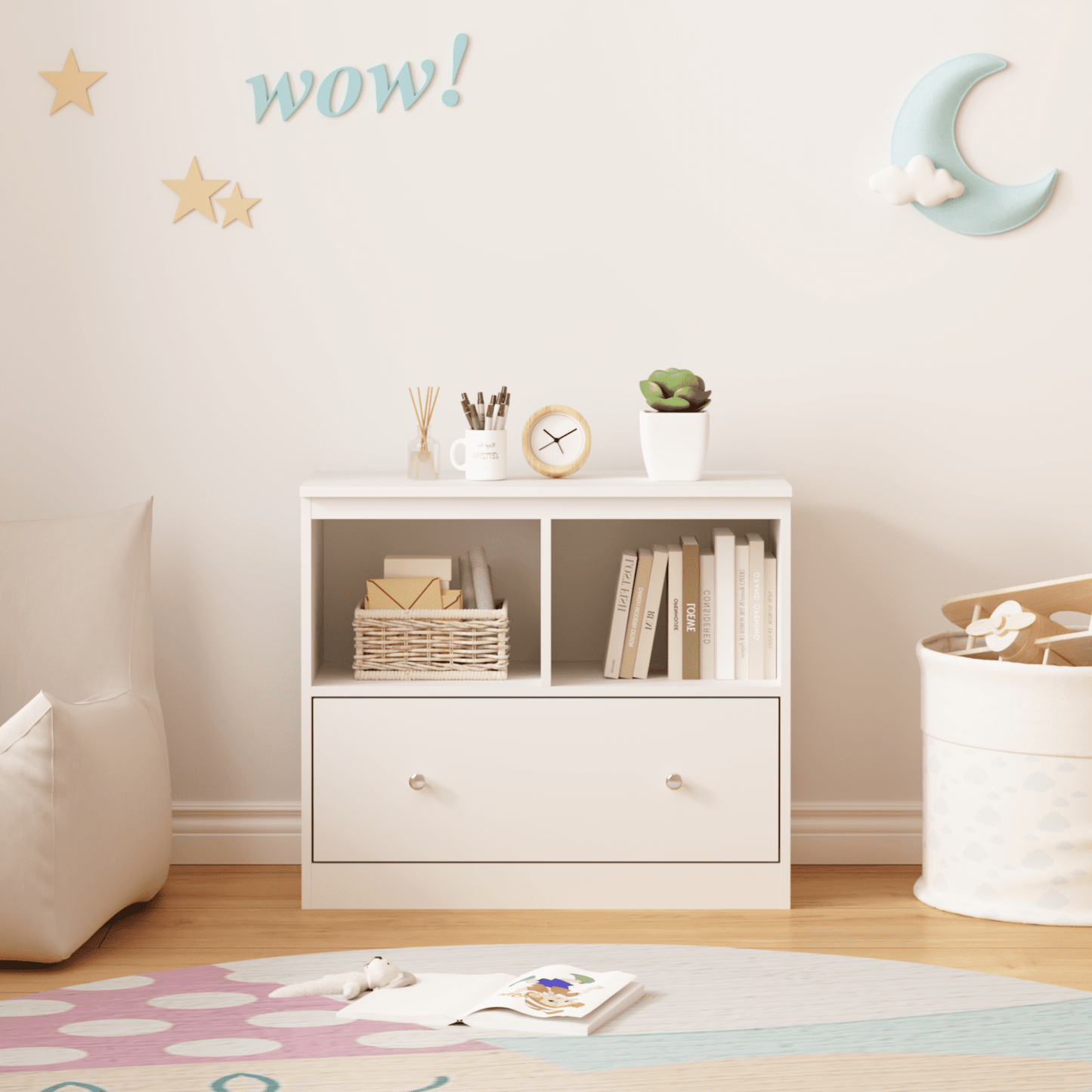 Yoneston Kids Bookcase with 2 Open Shelves & Drawer, Children's Storage Cabinet for Playroom, Bedroom, Nursery, White