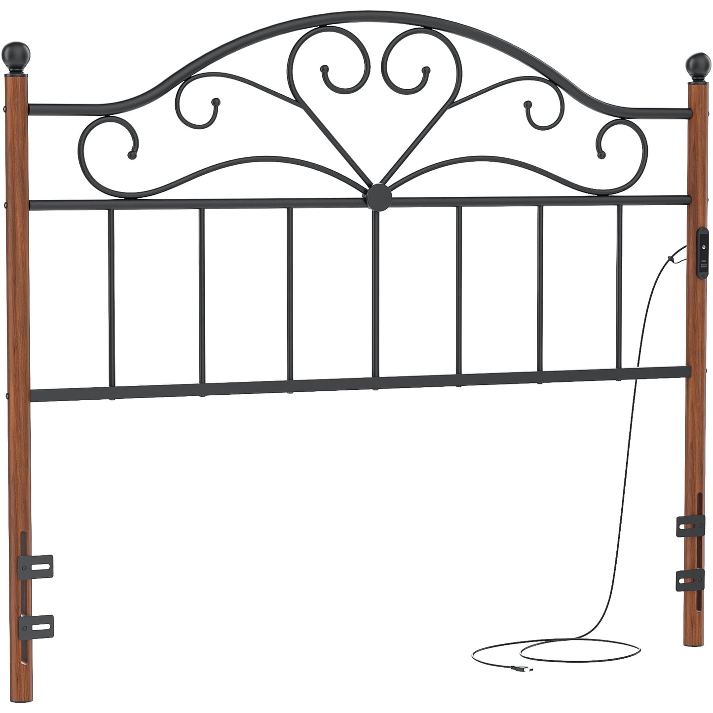 Yoneston Vintage Metal Full Headboard with Charging and 3-Level Height Adjustment for Full Adult Teens Bed, Black