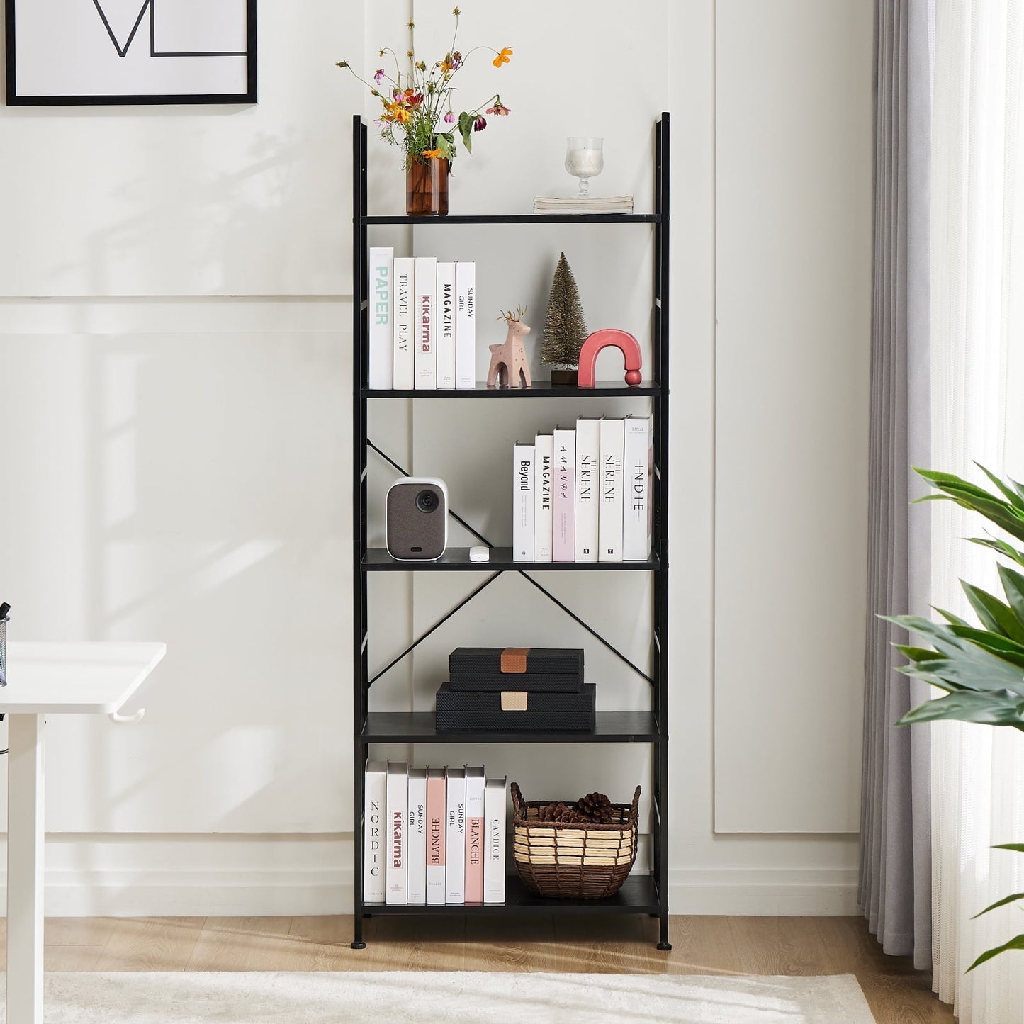ZUNMOS 5-Tier Bookshelf, Steel Shelf Bookcase, Living Room Bookcase, Storage Shelves, Office, Study, Living Room, 11.8" W x 23.6" D x 62.2 " H, Industrial Style, Black