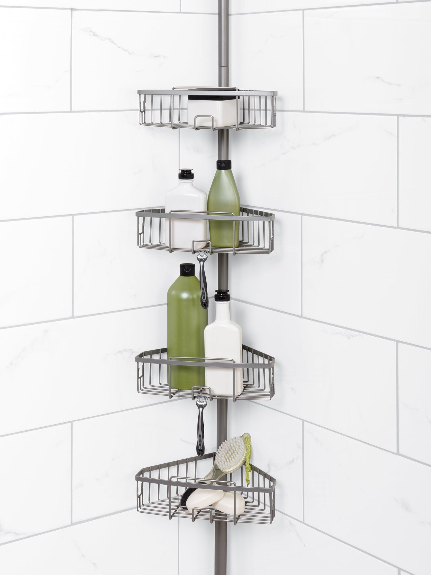 Zenna Home Satin Nickel Metal Tension Pole Shower Caddy with 4 Basket Shelves, Adjustable 5 - 9 Feet