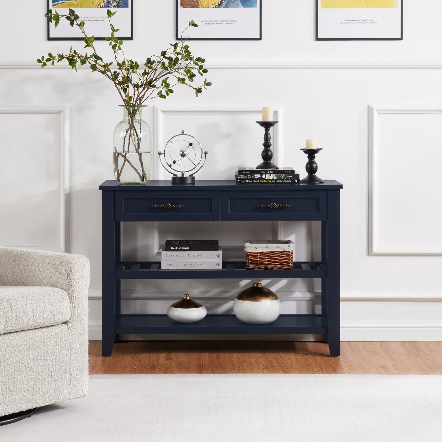 avobird Solid Wood Entryway Table,Features Two Open Shelves and Two Drawers,Vintage Design Table, Suitable for the Living Room,Navy Blue