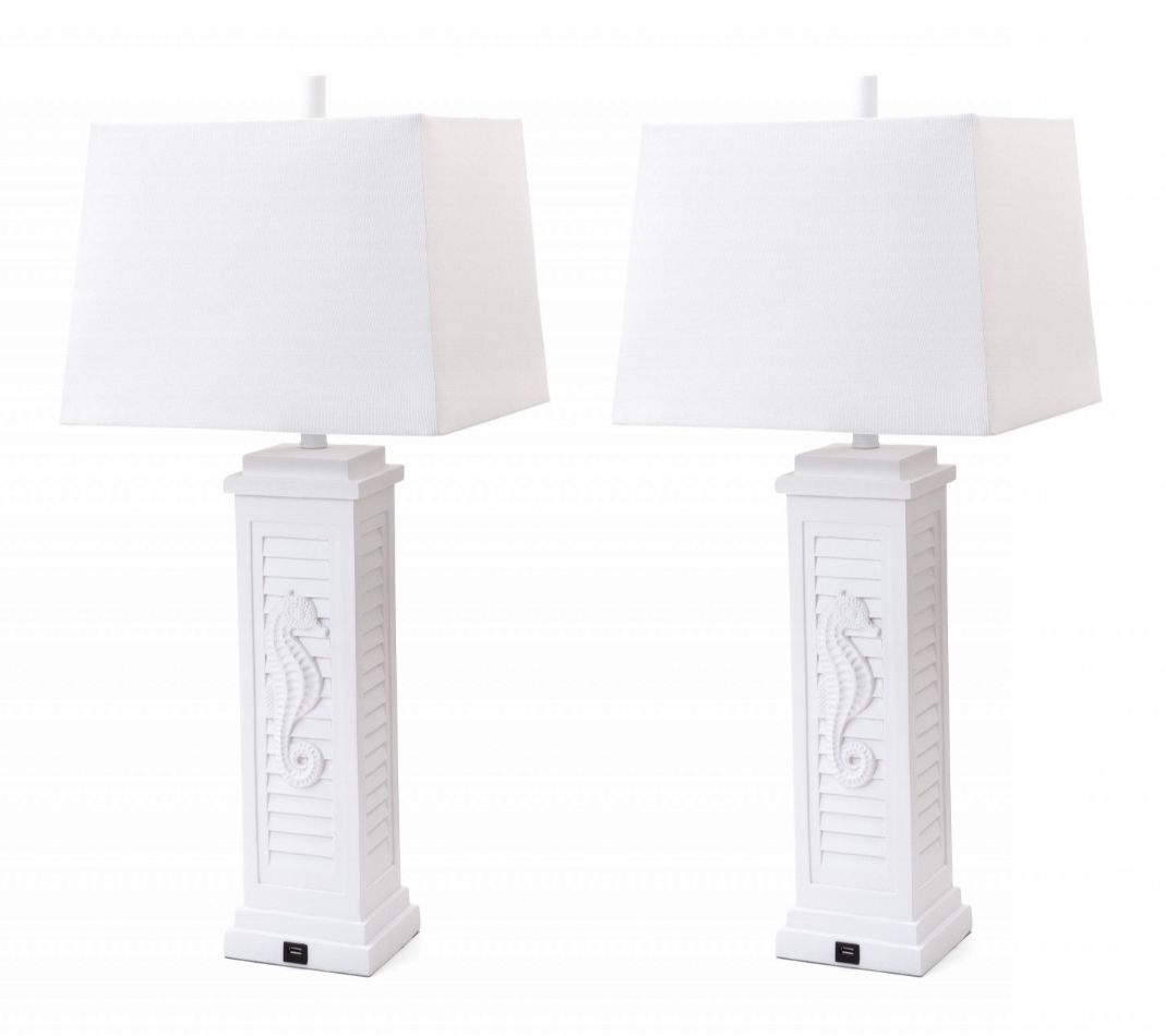 Set of 2 White Seahorse Shutter Base Table Lamps