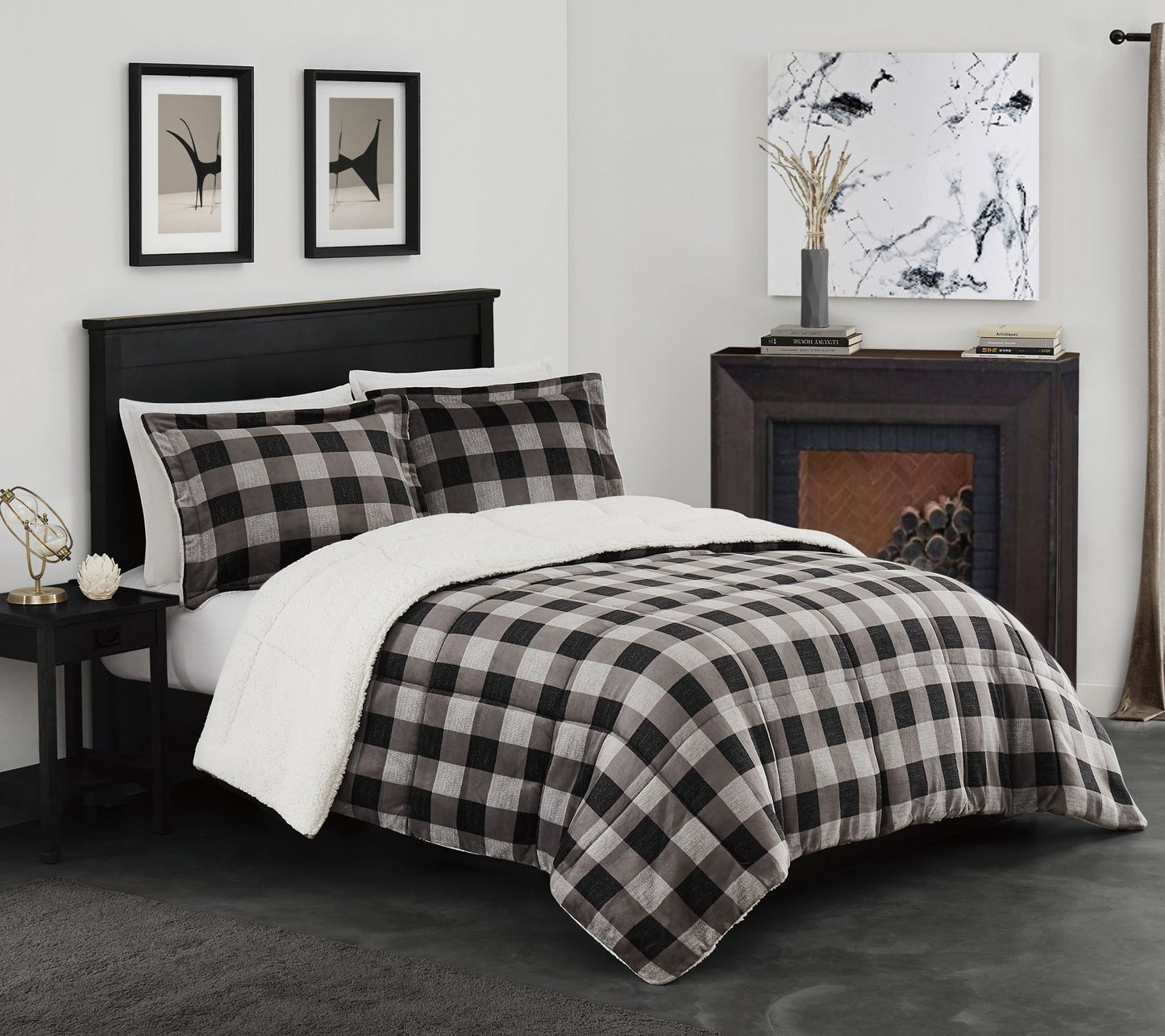 London Fog Faux Fur Plaid Full/Queen 3 Piece Comforter Set