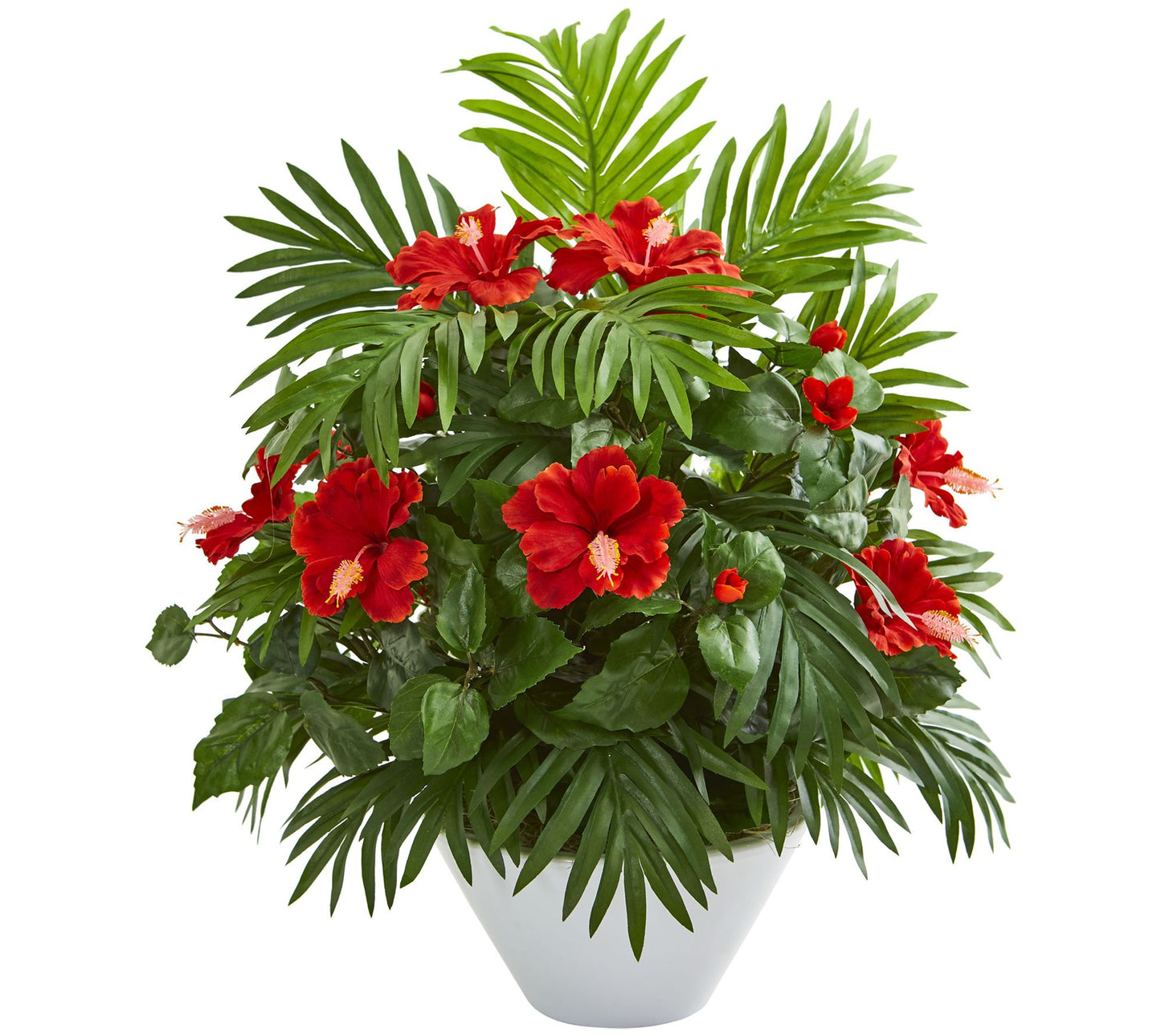 Hibiscus & Areca Palm Plant in White Bowl by Nearly Natural