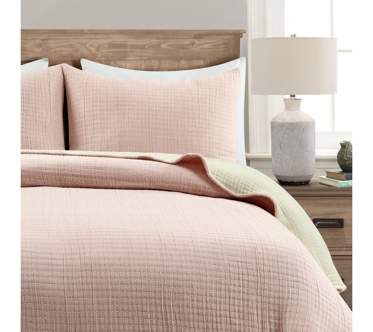 Solid Kantha Pick Stitch Yarn Dyed 3Pc Full/Queen Quilt Set