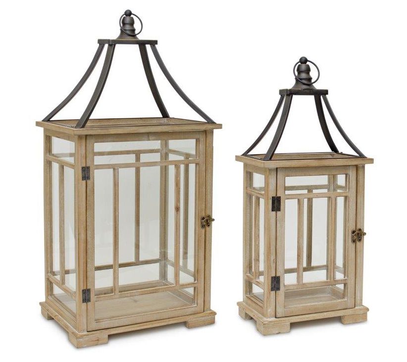 Melrose Natural Wooden Floor Lantern with Open Top (Set of 2)