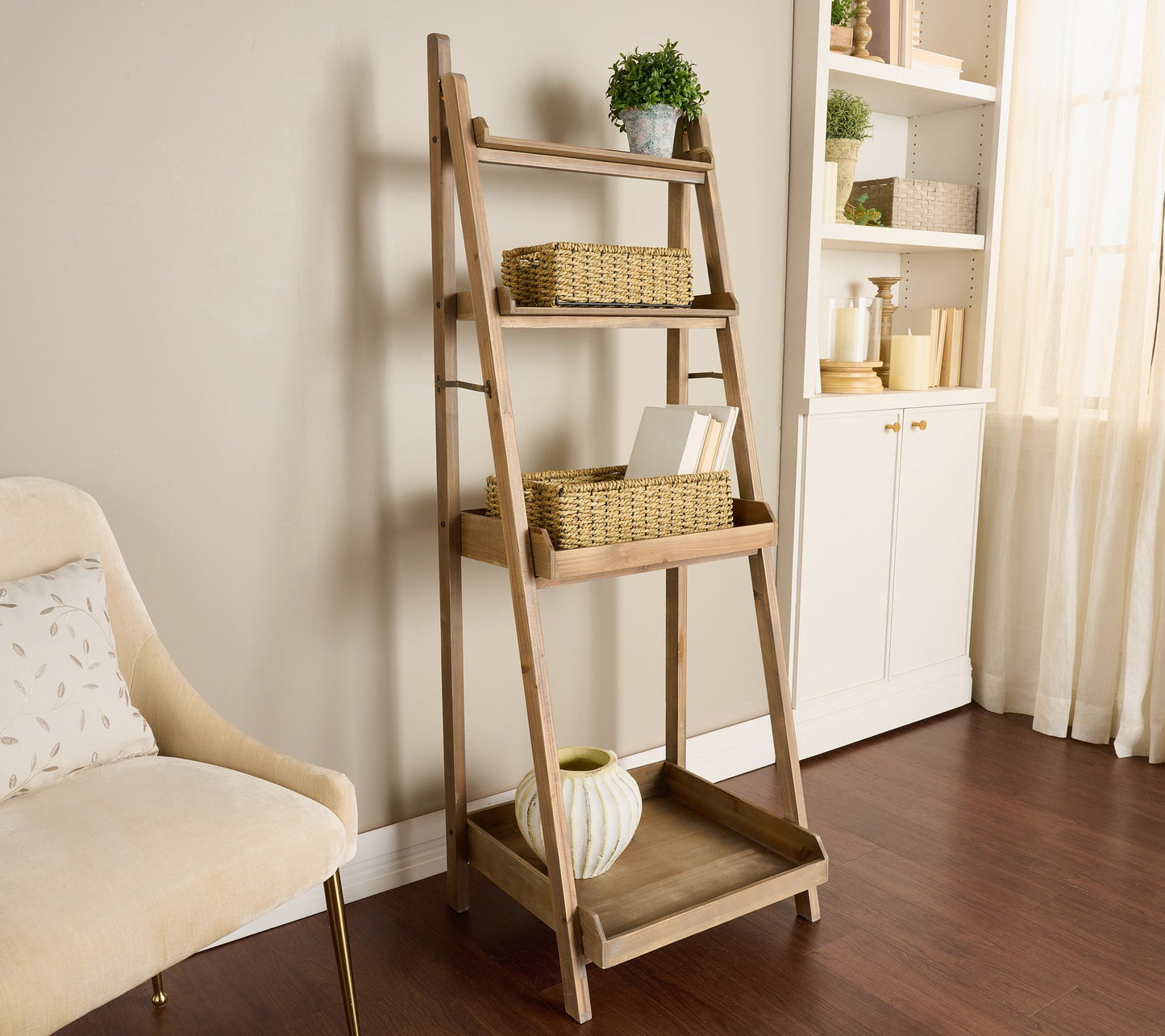 Home Reflections Wood Ladder with Set of 2 Baskets