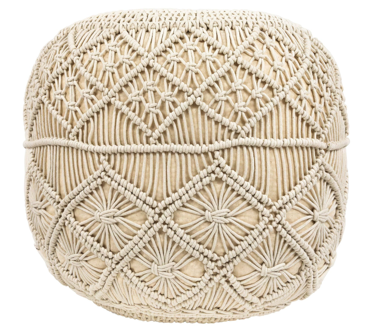 Northlight Crea m Macrame Round Handmade Natur al Cotton Pouf