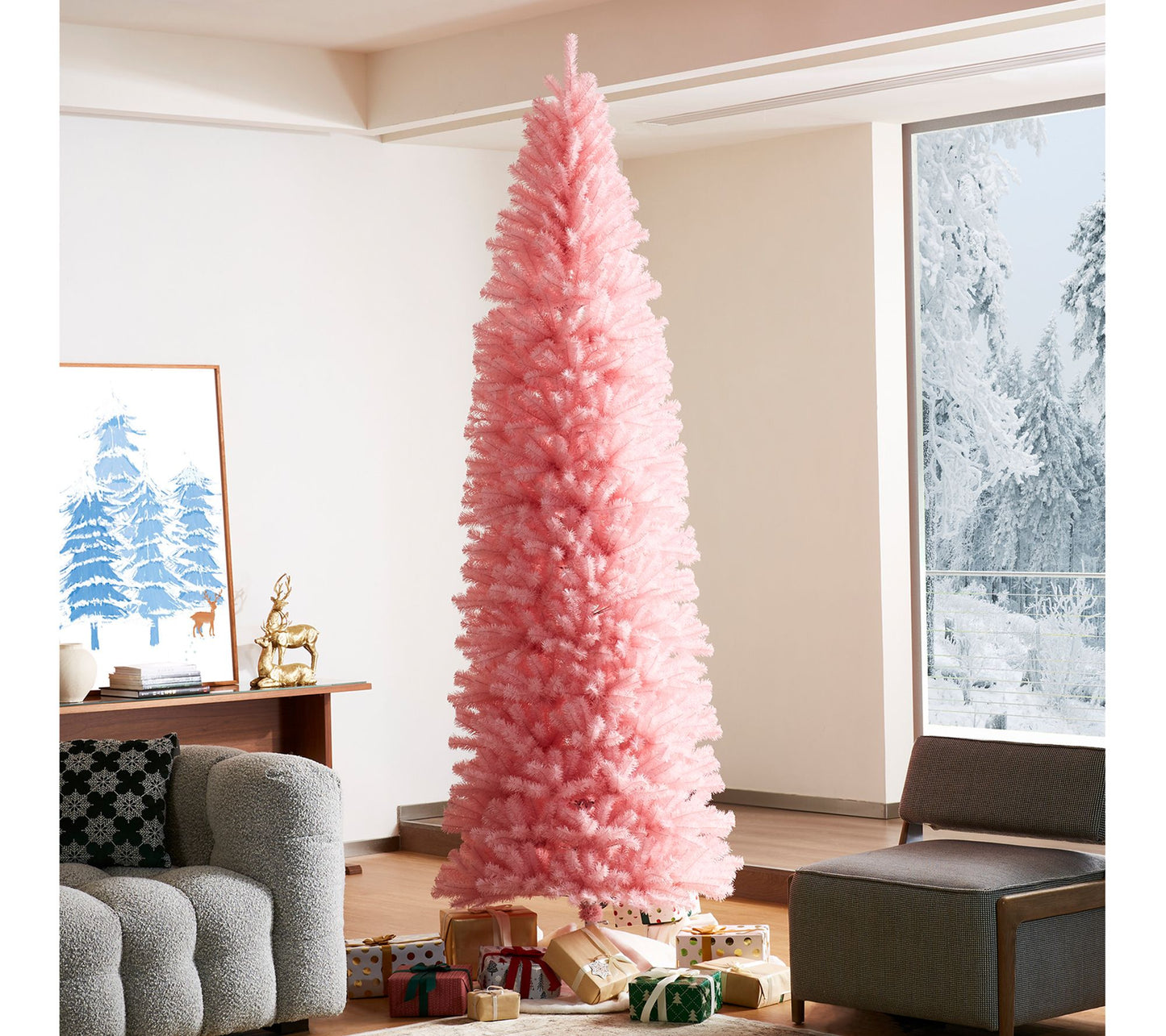 Glitzhome 9' Pink Pencil Tinsel Artificial Christmas Tree
