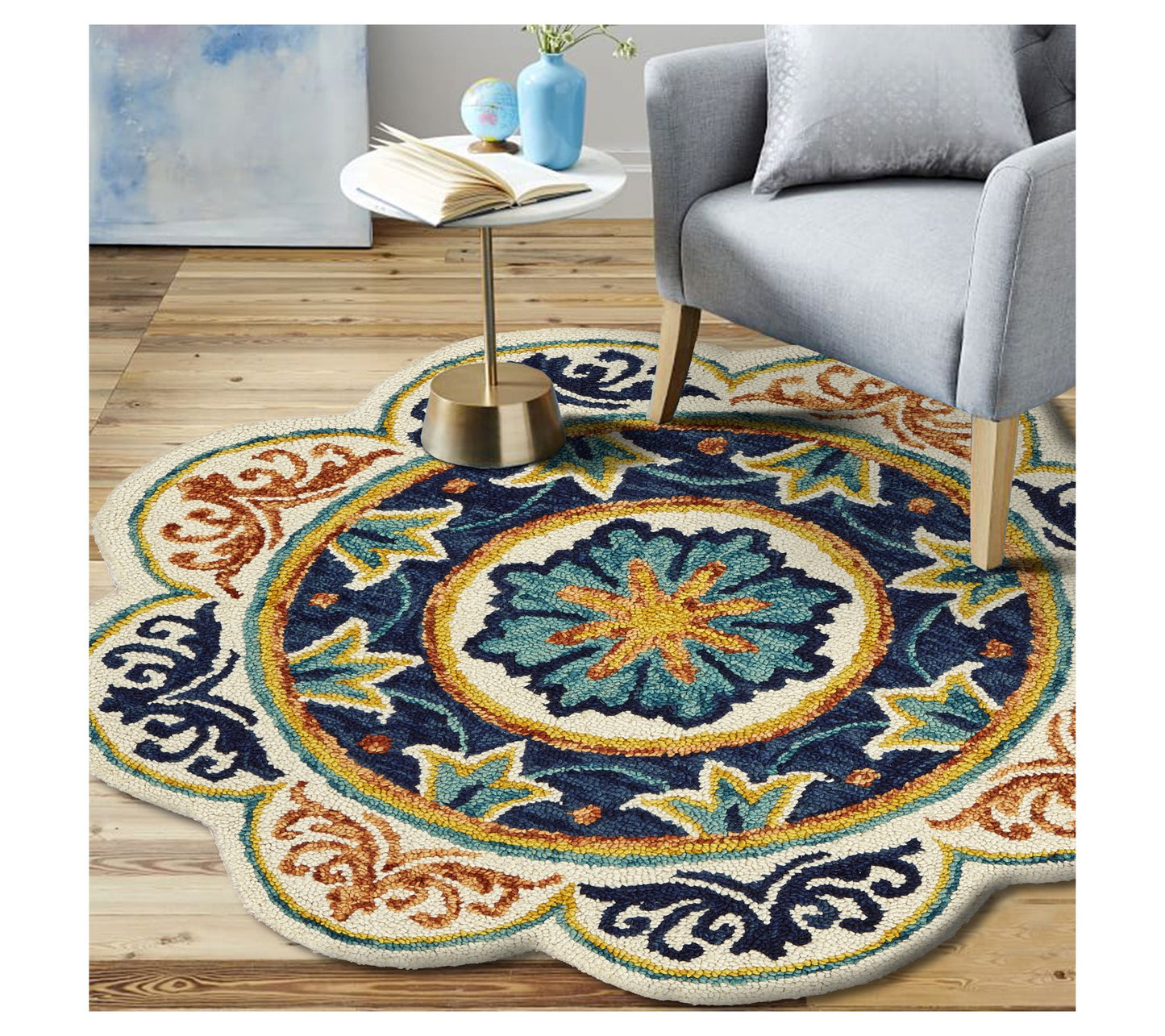 Ox Bay Maya Blue Floral Medallion Wool Indoor 6' Round Rug
