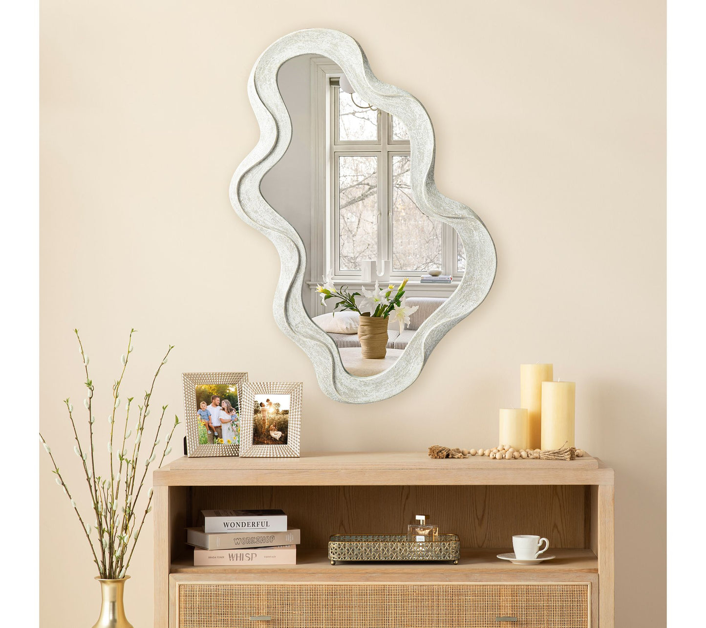 Glitzhome 32" H Washed White Wood Frame Wavy Wall Mirror
