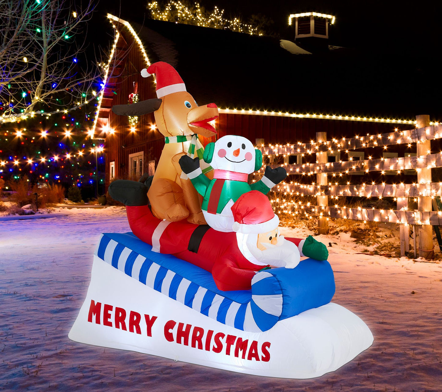 Glitzhome 6ft Lighted Inflatable Skiing Santa Snowman and Dog