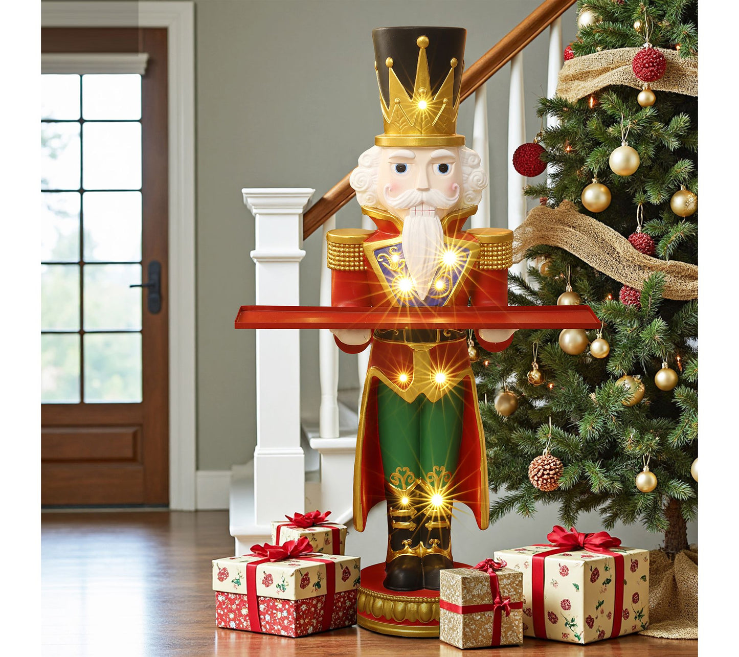 LuxenHome 4ft Lighted Red Nutcracker with Tray,Xmas Decor