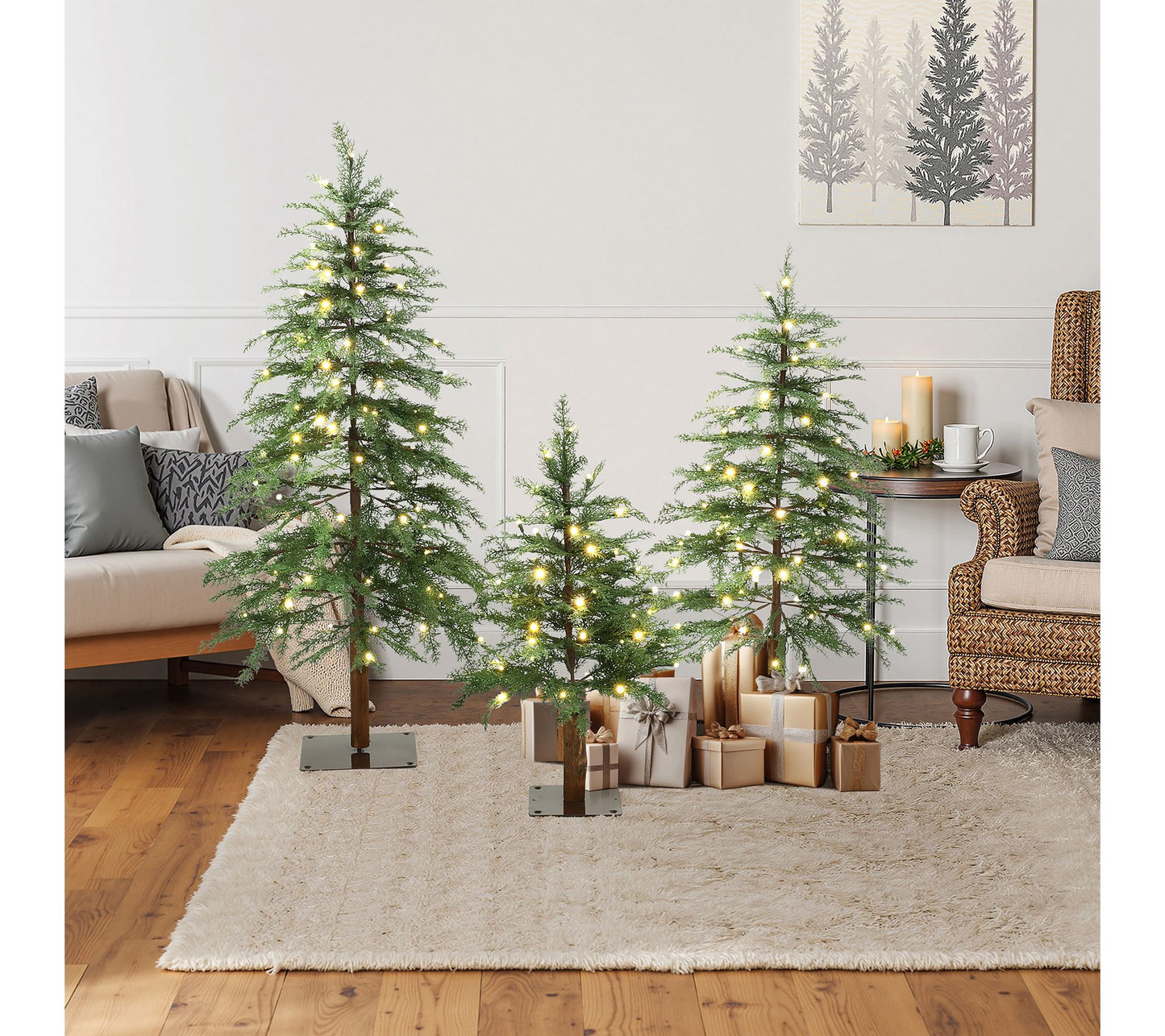 LuxenHome Lighted Artificial Trees w/ Flat Stand, Holiday Set