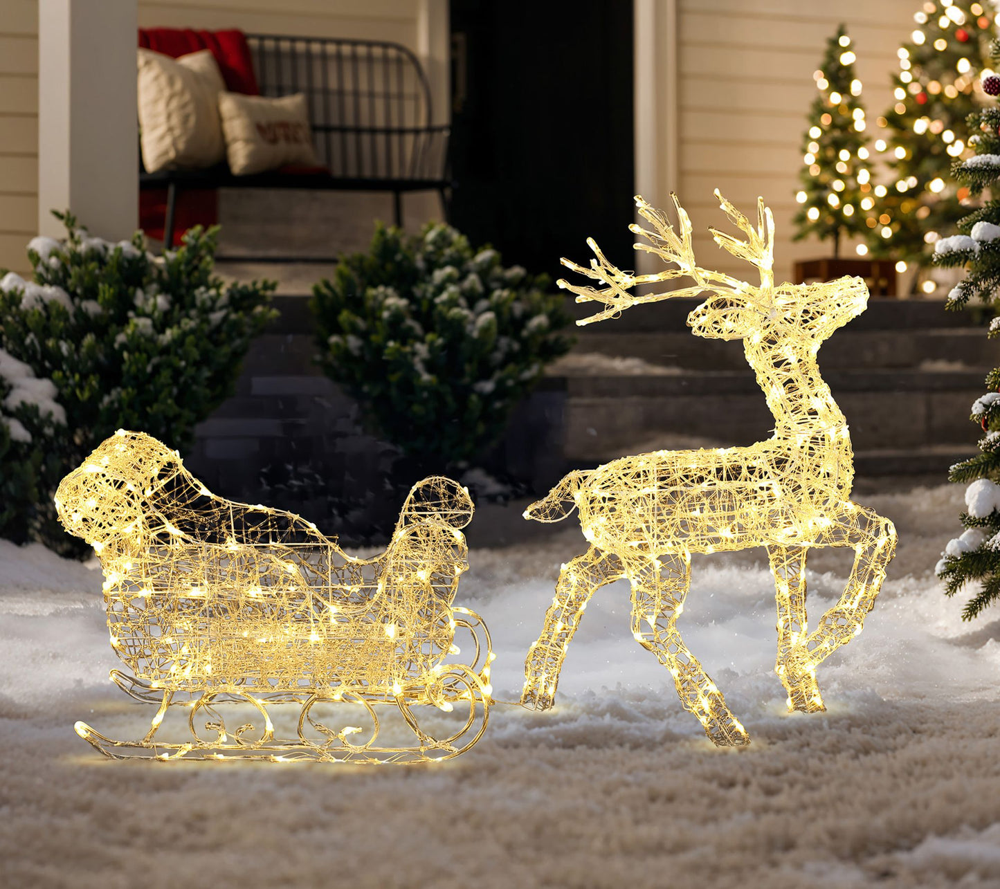 LuxenHome Lighted Reindeer and Sleigh Xmas Deco ration w/ Time