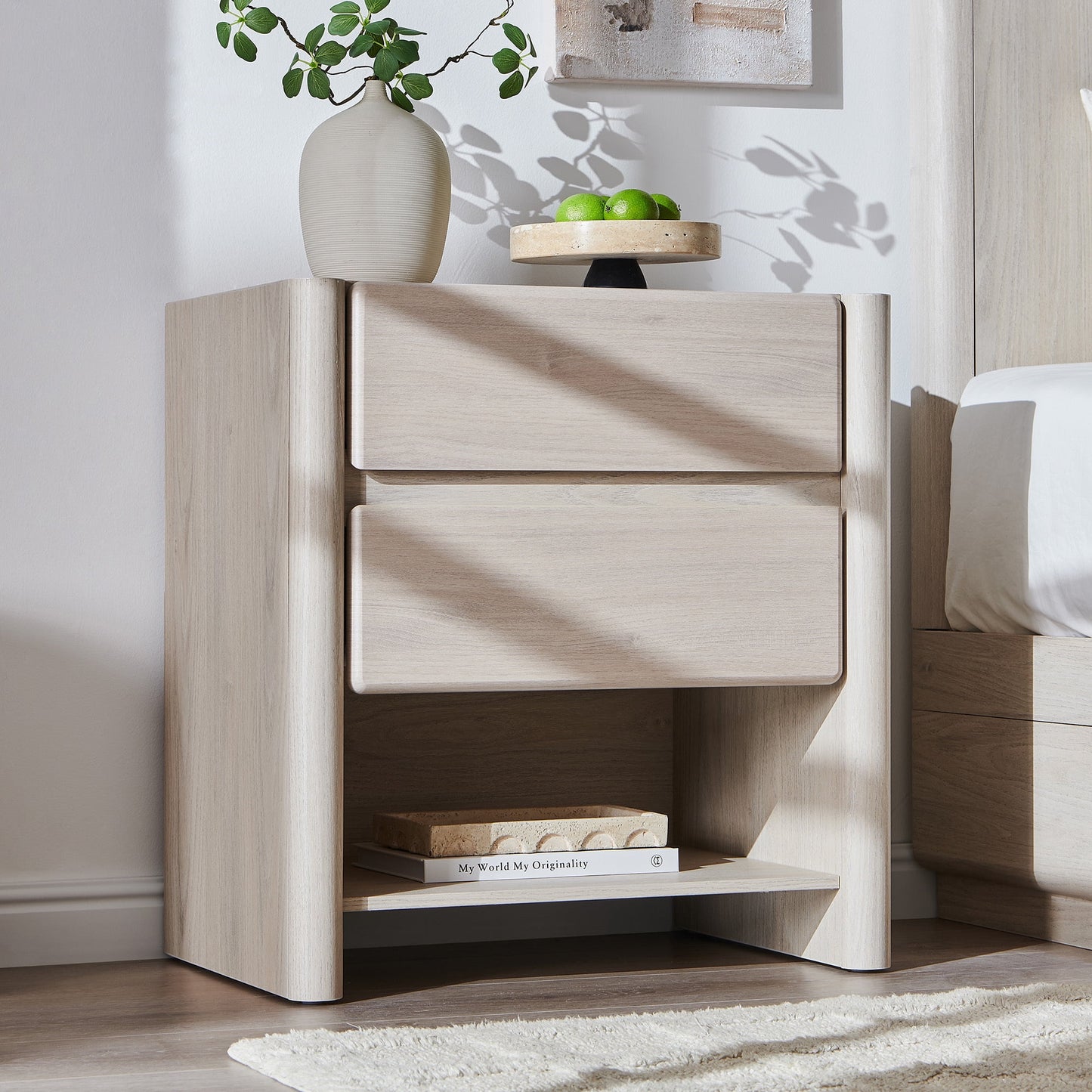 wow97e 2 Drawers Modern Nightstand for Bedroom, 25" Tall Night Stand with Charging Station & Open Shelf, Rounded Corner Design, Cream