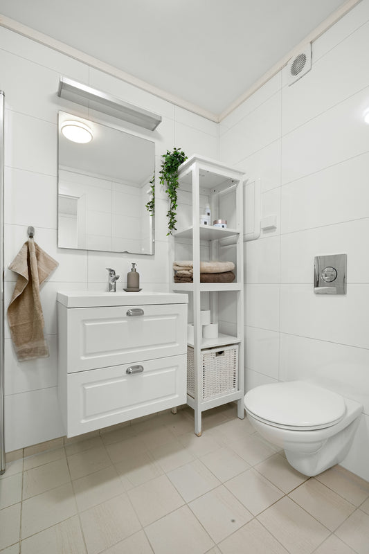 A white bathroom with a toilet and a sink