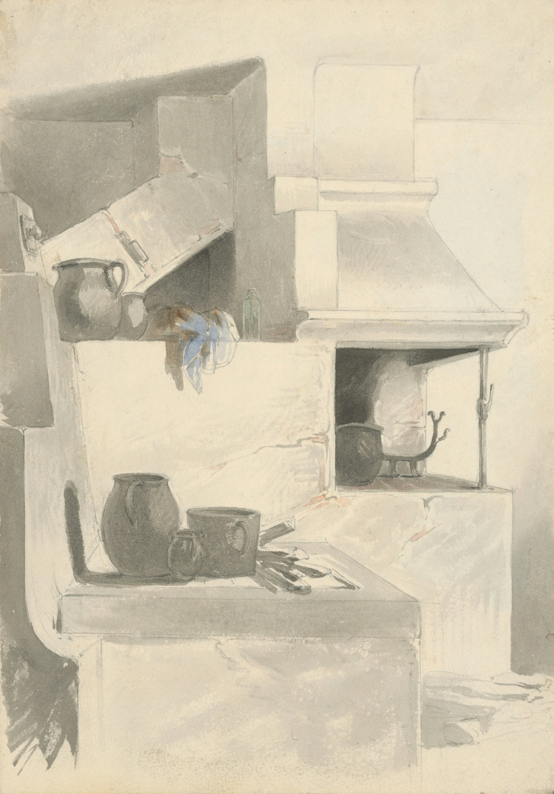 Still life of pottery and kitchenware on a stove.