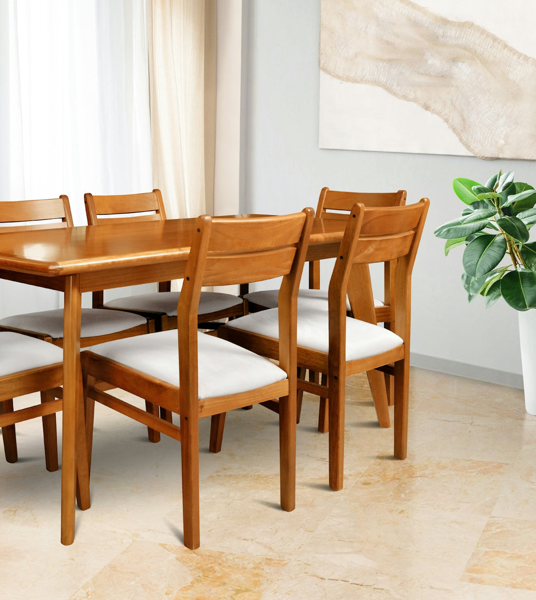 Wooden dining table with upholstered chairs