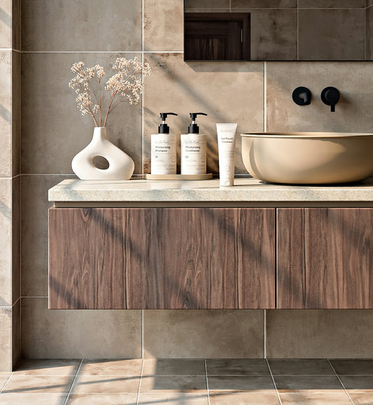 Modern bathroom vanity with sink and toiletries.