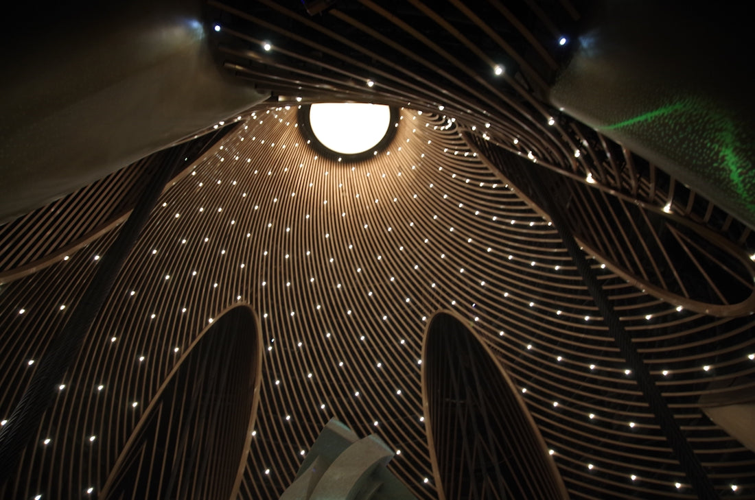 Modern ceiling with many small lights and central lamp.