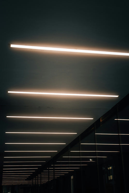 Parallel linear lights illuminate a modern dark hallway.