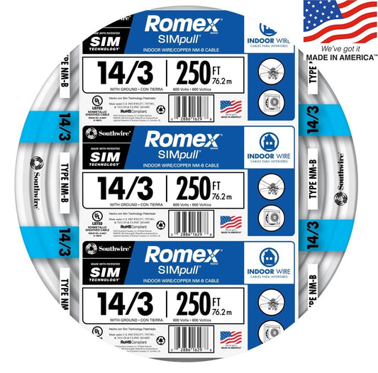 Southwire 250-ft 14/3 Romex SIMpull Solid Indoor CU NM-B W/G Individual Pack (By-the-roll) 63946855