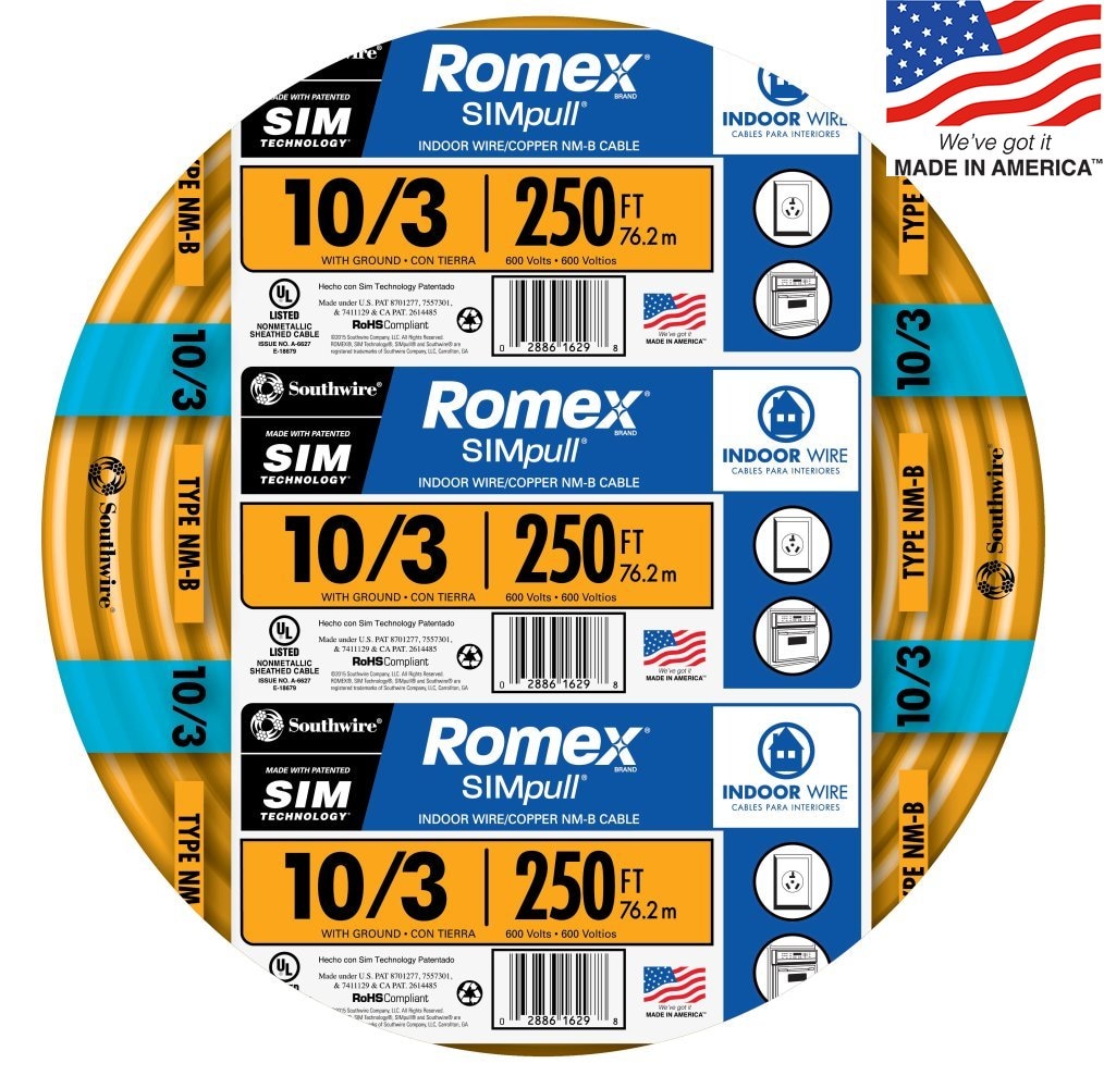 Southwire 250-ft 10/3 Romex SIMpull Solid Indoor CU NM-B W/G Individual Pack (By-the-roll) 63948455