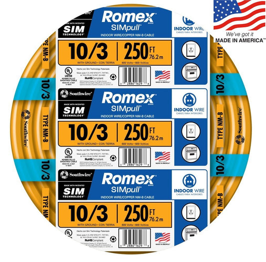 Southwire 250-ft 10/3 Romex SIMpull Solid Indoor CU NM-B W/G Individual Pack (By-the-roll) 63948455