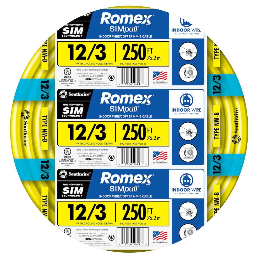 Southwire 250-ft 12/3 Romex SIMpull Solid Indoor CU NM-B W/G Individual Pack (By-the-roll) 63947655