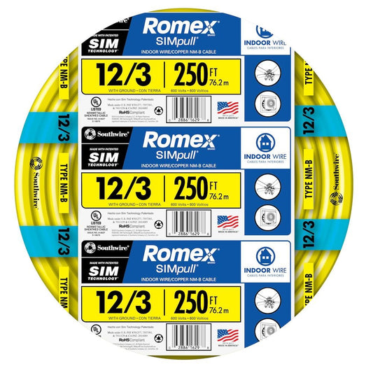 Southwire 250-ft 12/3 Romex SIMpull Solid Indoor CU NM-B W/G Individual Pack (By-the-roll) 63947655