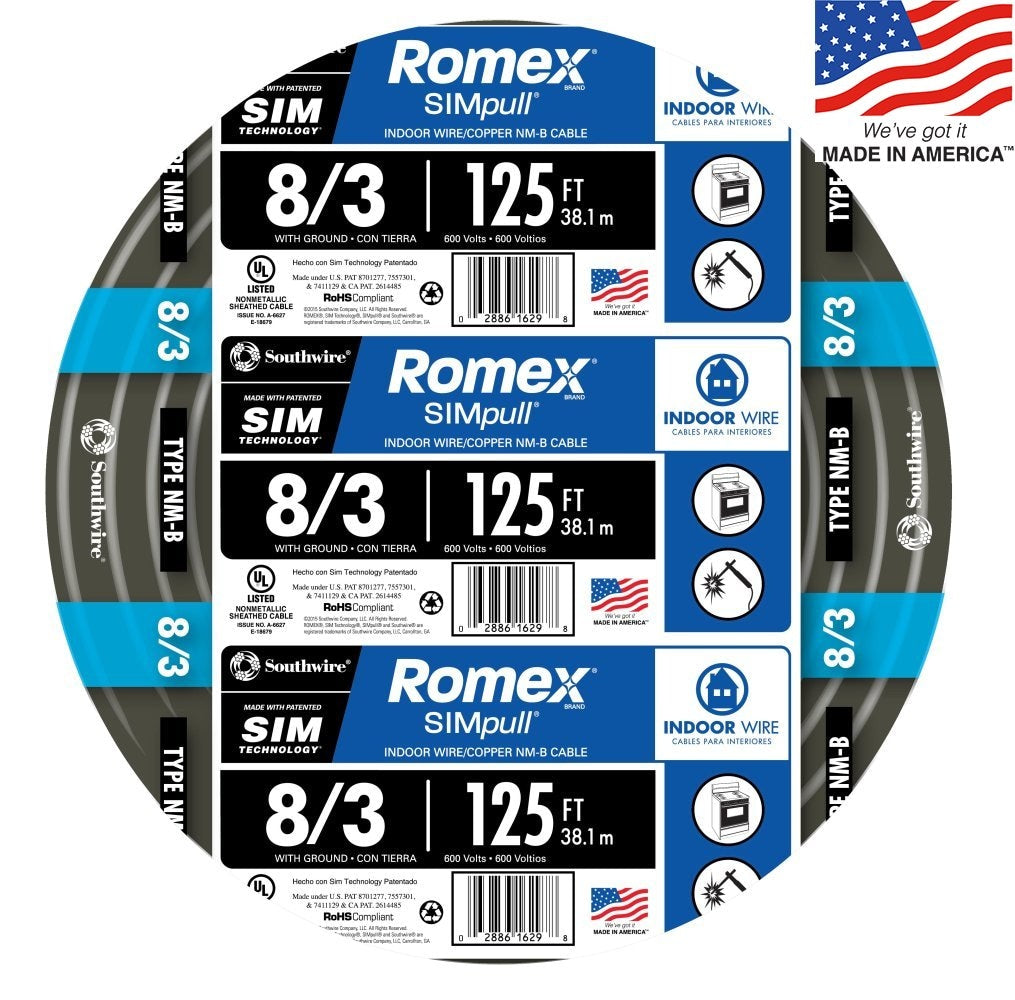 Southwire 125-ft 8/3 Romex SIMpull Stranded Indoor CU NM-B W/G Individual Pack (By-the-roll) 63949202