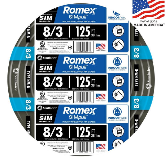 Southwire 125-ft 8/3 Romex SIMpull Stranded Indoor CU NM-B W/G Individual Pack (By-the-roll) 63949202