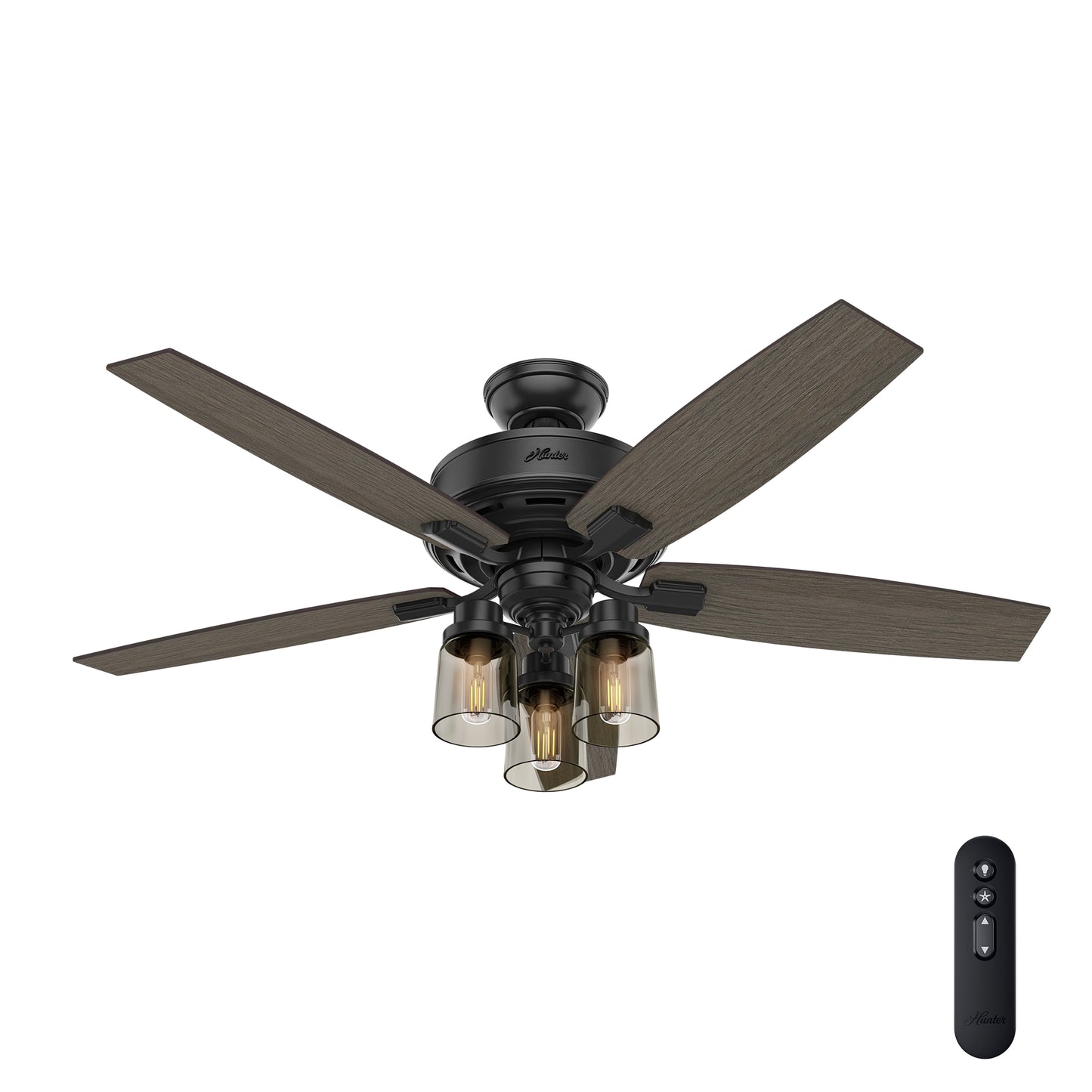 Hunter Bennett 52-in Downrod or Flush Mount Matte Black with Grey Walnut/Burnt Walnut Blades With Light and Remote ( 5 -Blade ) 957284
