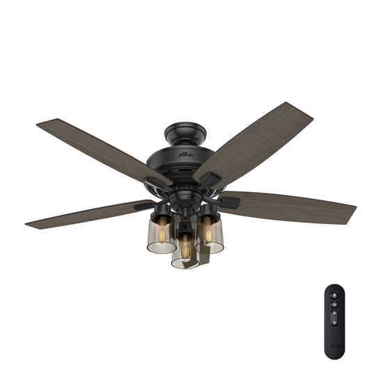 Hunter Bennett 52-in Downrod or Flush Mount Matte Black with Grey Walnut/Burnt Walnut Blades With Light and Remote ( 5 -Blade ) 957284
