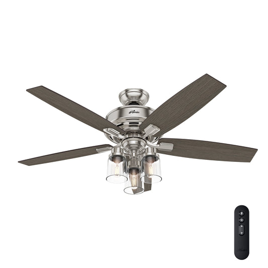Hunter Bennett 52-in Downrod or Flush Mount Brushed Nickel with Grey Walnut/Light Grey Oak Blades With Light and Remote ( 5 -Blade ) 957285