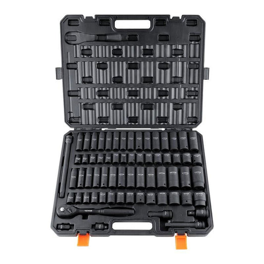 1/2" Drive Impact Socket Set, 65 Piece Socket Set SAE 3/8" to 1-1/4" and Metric 10-24mm, 6 Point Cr-V Alloy Steel for Auto Repair, Rugged Construction, Easy-to-Read Size Markings
