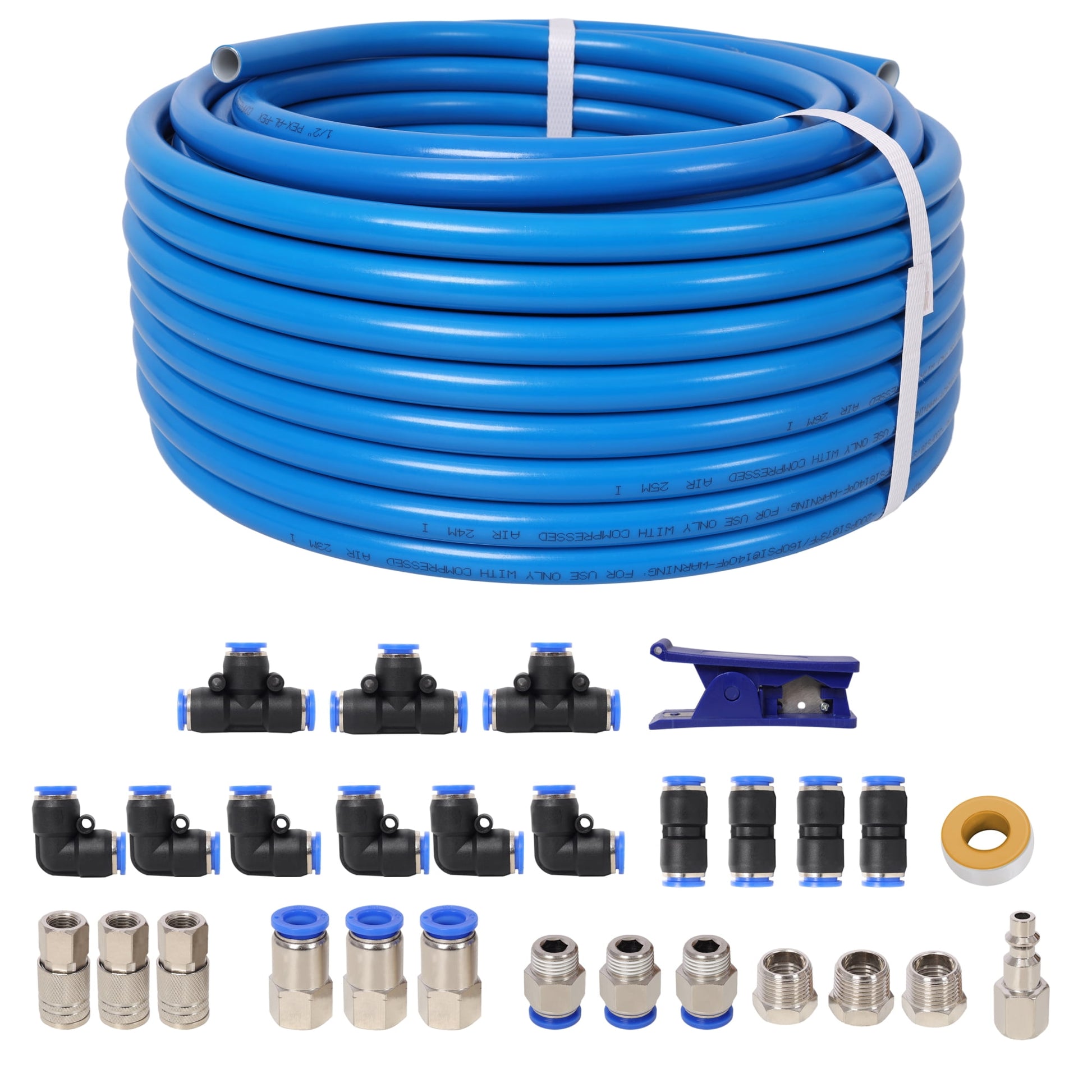 1/2 Inch ODÃ—60 Feet PU Air Tube Kit,Garage Air Compressor Accessories Kit,Industrial Type Quick Connect Coupler and Plug,Blue Tubing