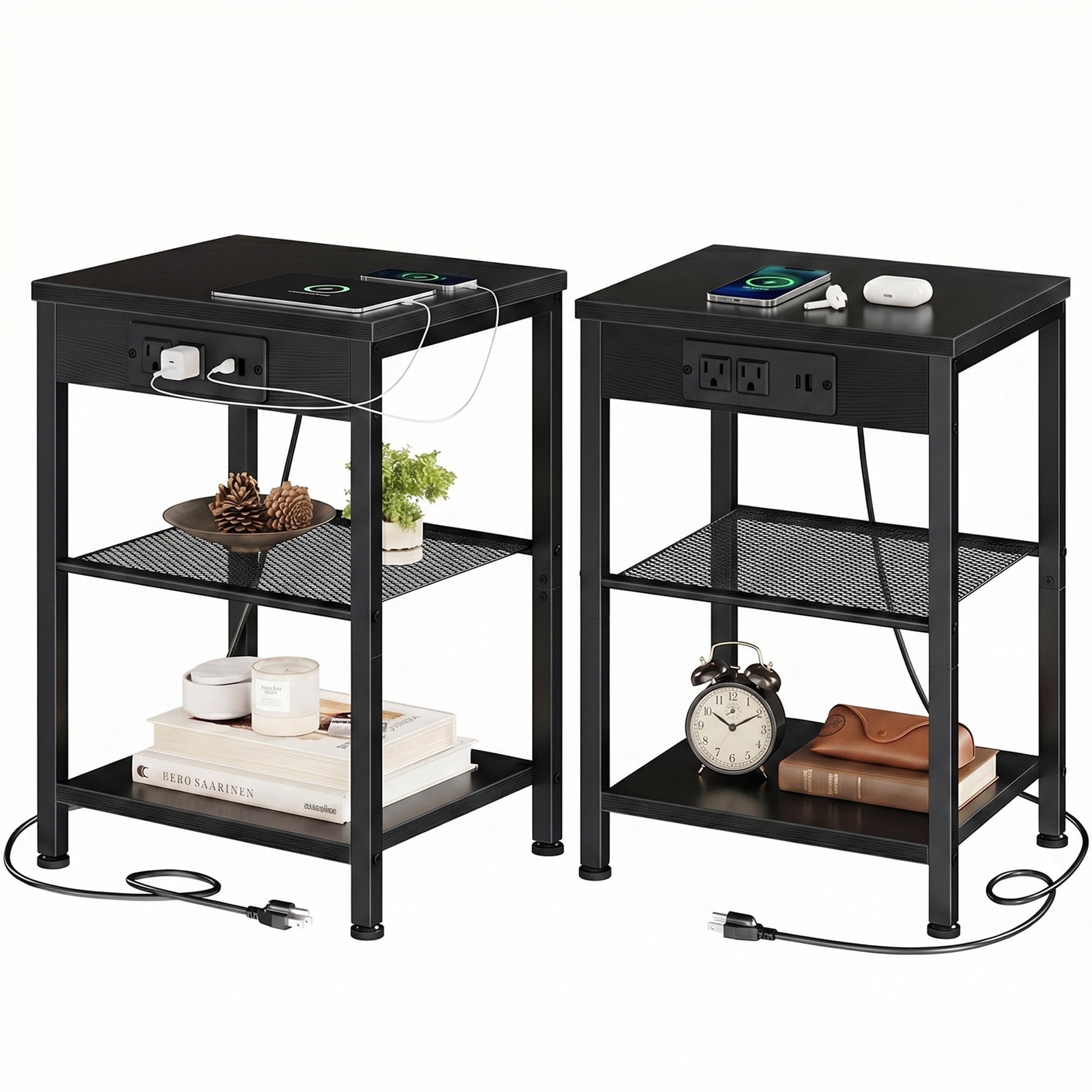 edx 3-Tier Nightstand with Charging Station, Adjustable Height Bedside Table with Storage Shelf, for Bedroom & Living Room, Easy Assembly, 55 LBS Capacity, Black