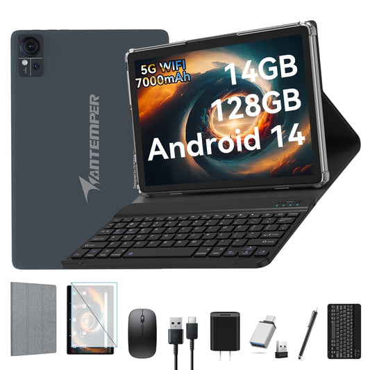 10.1 inch Android 14 Tablets with Keyboard Mouse, 14GB+128GB Storage, Unisoc T606 CPU, 8000mAh, 2 Speakers, 5G WiFi+4G LTE, 13MP +8MP Dual Camera
