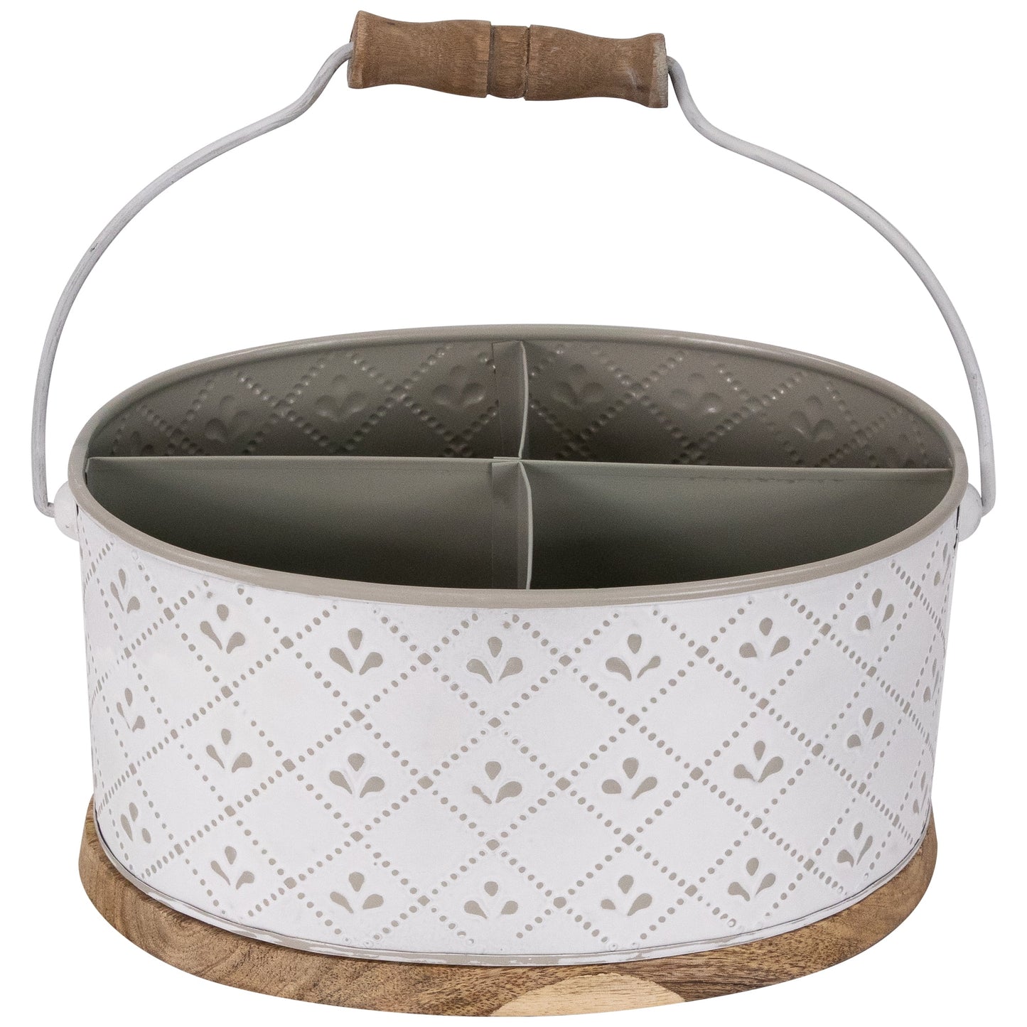 Northlight 10" White Oval Embossed Utensil Caddy with Handle and Wood Base