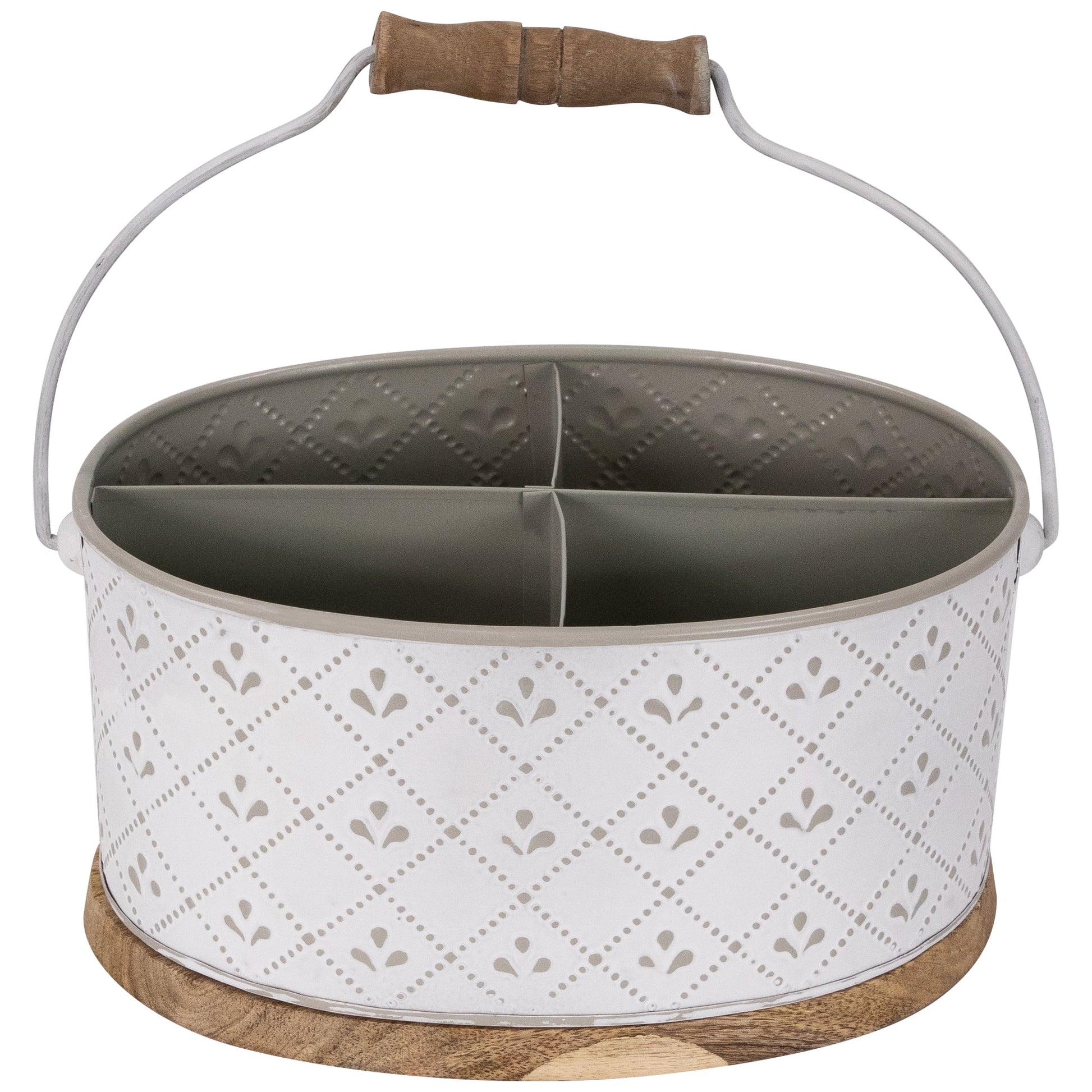 Northlight 10" White Oval Embossed Utensil Caddy with Handle and Wood Base