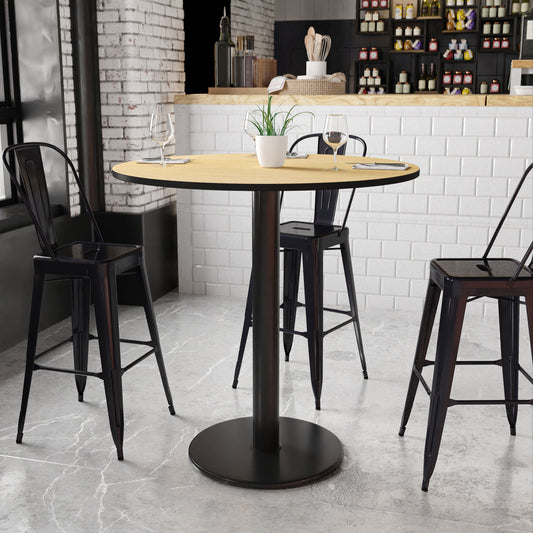 Flash Furniture Natural Round Contemporary/Modern Wood veneer Bar Table, with Black Finish and Metal Pedestal Base 42-in L x 43.13-in H